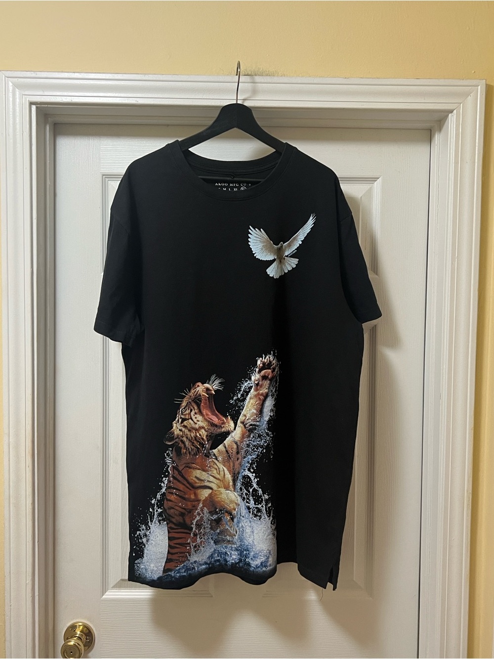 Akoo Black Tee with Tiger and Dove Graphic